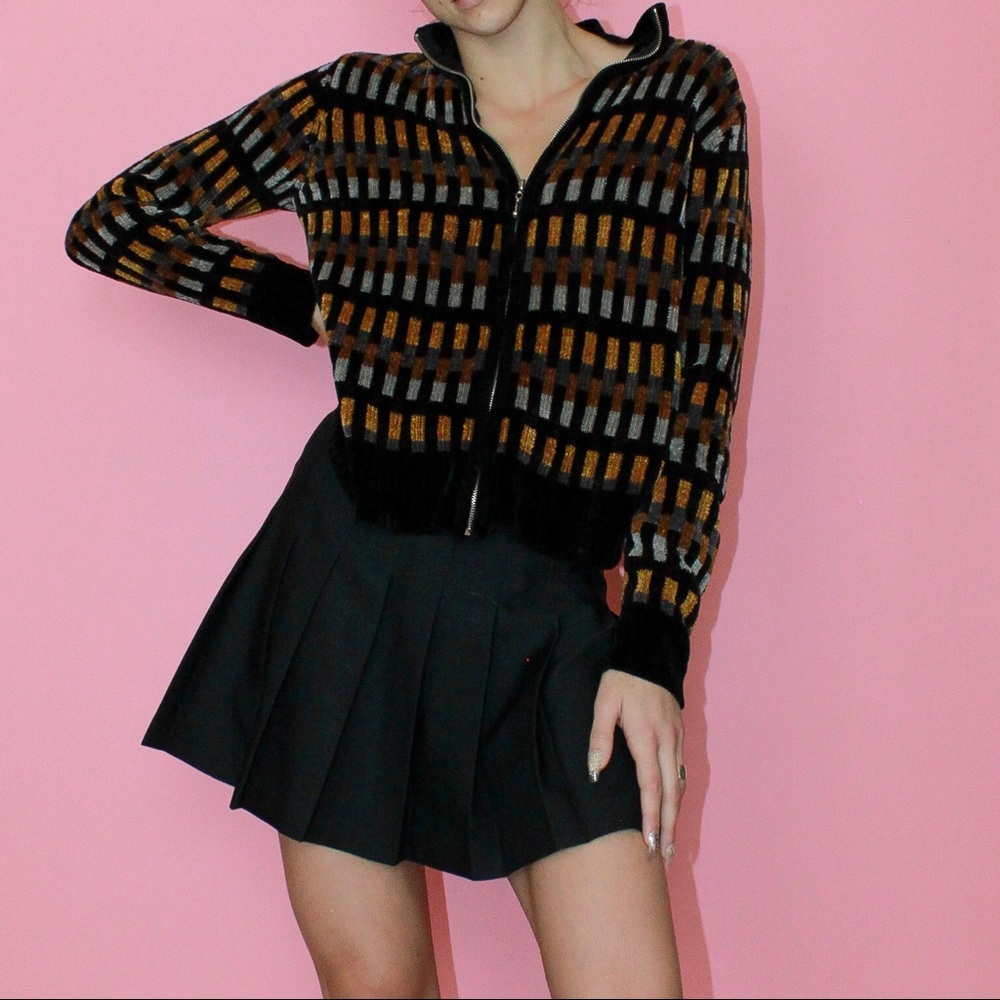 VTG 90s RAFAELLA Black/Camel/Grey Geometric Print Velour Track Jacket Sz Medium